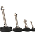 No Sweat Adjustable Furniture Levelers 4 Pack Swivel Articulating Feet With M8 M10 M12 Threads Heavy Duty Carbon Steel Body in black and silver.