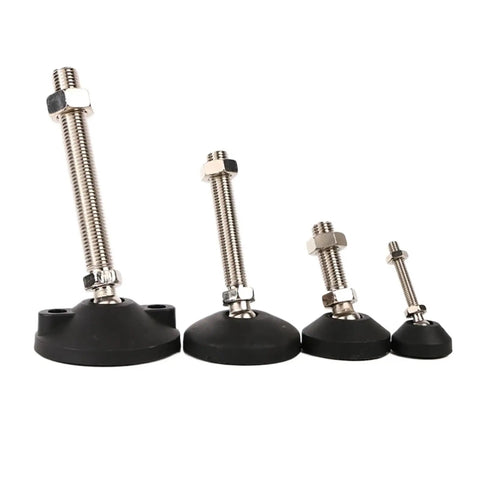 No Sweat Adjustable Furniture Levelers 4 Pack Swivel Articulating Feet With M8 M10 M12 Threads Heavy Duty Carbon Steel Body in black and silver.