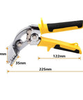 Side view of 3 Inch Curved Jaw Hand Seamer for sheet metal, 225mm length, chrome vanadium, black and yellow handle, pro-grade offset bender
