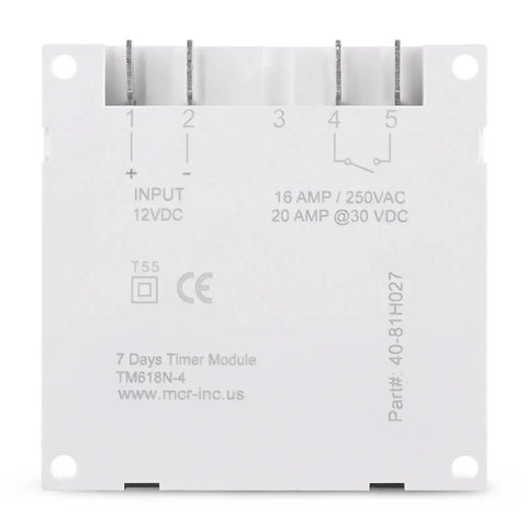 Back view of 12/24 Volt DC Timer Switch With 7 Day 24 Hour Programmable Time Relay Clock, showing input and output specifications.