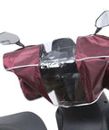 Large size waterproof tiller case on mobility scooter with controls covered, protecting against rain and dust. Keeps hands dry and controls clear.
