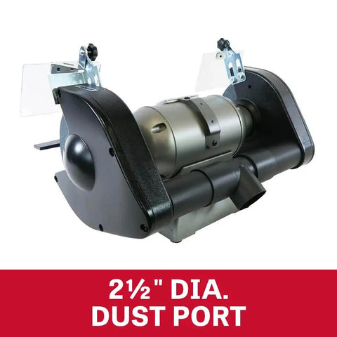 Tough As Nails 8 Inch Bench Grinder With 3600 Rpm And One Horsepower featuring a 2.5'' diameter dust port and heavy cast iron base.