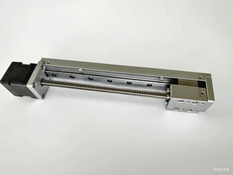 Side view of linear stage actuator with screw drive and guide rail, silver aluminum, NEMA 14 motor, 150mm length