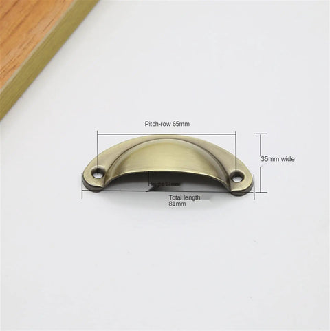 Cool Retro Metal Cabinet Handles Set Of 12 Antique Brass Shell Pull Handles with dimensions shown for easy install.