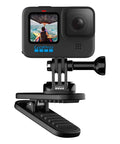 HERO10 Black Must Have Accessory Bundle With Shorty Mini Extension Pole And Grip Magnetic Swivel Clip Two Rechargeable Batteries And Durable Camera Case For Action Cameras, featuring HERO10 on magnetic swivel clip.
