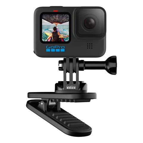 HERO10 Black Must Have Accessory Bundle With Shorty Mini Extension Pole And Grip Magnetic Swivel Clip Two Rechargeable Batteries And Durable Camera Case For Action Cameras, featuring HERO10 on magnetic swivel clip.