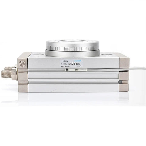 Industrial Grade Tough As Nails Pneumatic Rotary Actuator With Slick Air Gripper Assembly Precision Table Cylinder MSQB10R MSQA10R side view on white background.