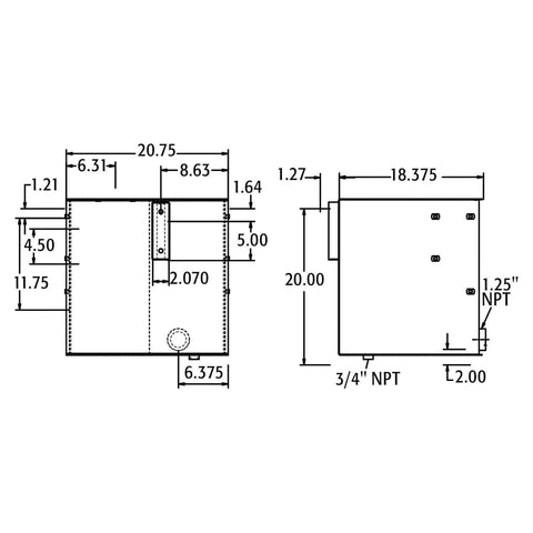 Technical drawing of a 30 Gallon Stainless Steel Hydraulic Reservoir Pre Drilled For Filter showing dimensions and fittings.