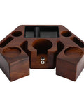Slick Walnut Wood Espresso Tamping Station With Quick Release Knock Box And Eight Versatile Tool Slots For 58mm Portafilters Distributors And Tampers Making Your Brewing Corner Look Sharp And Run Like A Dream, top view.