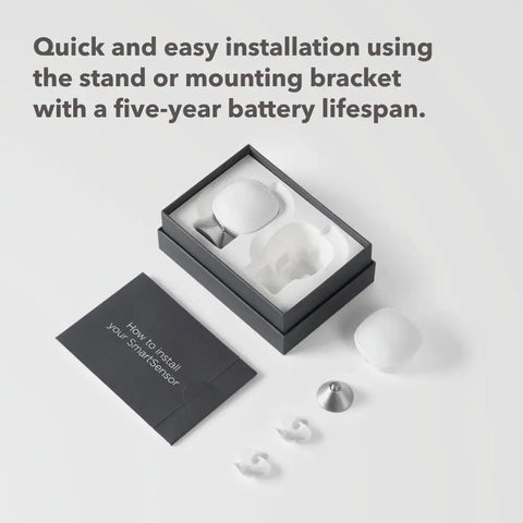 SmartSensor 2-Pack for Temperature and Occupancy Detection, Keeps Rooms Cozy by Relaying True Room Temp to Your Thermostat Up to 60 Feet Through Walls, Hands-Free Auto-Adjusts Temperature, Real-Time Occupancy Awareness, Simple Smart Home Upgrade white sensor kit with stand, bracket, and manual