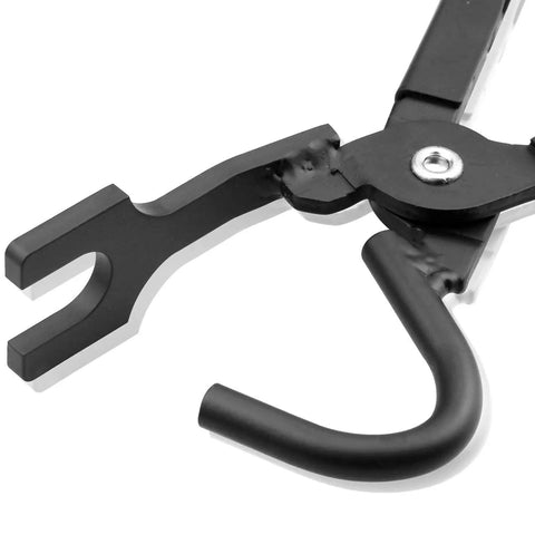 Exhaust Hanger Pliers Tool For Rubber Bracket Removal And Separation, close-up of the black heavy duty steel tip