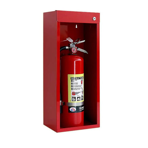 Heavy Duty Fire Extinguisher Cabinet Wall Mount Built Tough With Break Glass Window For Indoor Outdoor Use 26 Inch High 10.5 Inch Wide 6.75 Inch Deep 22 Gauge Steel Powder Coated Red USA Made Includes Hardware And Mounting Instructions