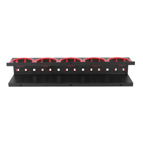Heavy Metal Spray Bottle Storage Rack With Padded Hooks, sleek black organizer for five spray bottles, wall-mounted.