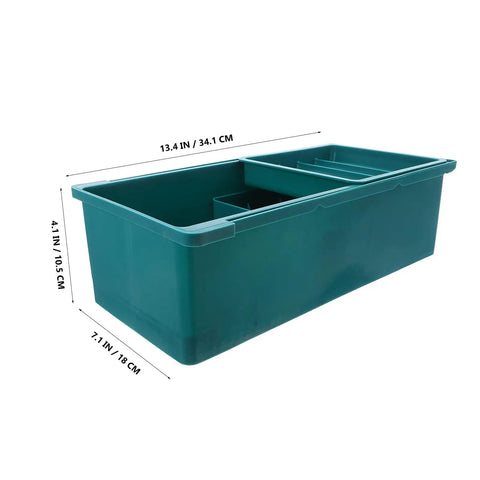 Under Desk Storage Tray With Three Tier Drawers, green plastic desktop organizer, dimensions labeled for size reference.