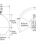 LewanSoul MaxArm robotic arm kit schematic: side view with suction nozzle and base; top view shows 120° reach.