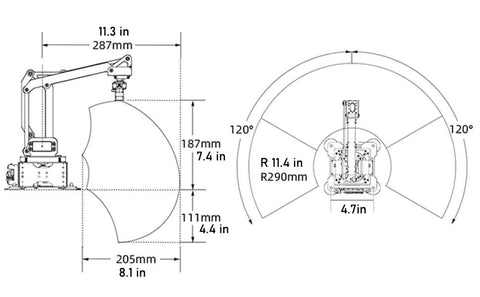 LewanSoul MaxArm robotic arm kit schematic: side view with suction nozzle and base; top view shows 120° reach.