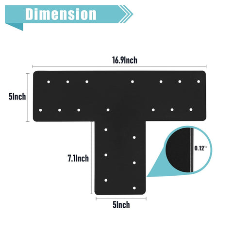 4 Pcs T Post Bracket Set With 16.9 by 5 Inch T Flat Mending Plates Black Powder Coat Joining Brackets Connecting Brackets T Shape Strap Plates dimensions