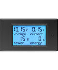 4 In 1 DC Ammeter Voltmeter Watt Meter Panel Digital Display For Car Motorcycle And Solar Systems 12V DC 6.5 To 100V 0 To 20A Energy Power Usage Monitor With LCD Readout showing voltage, current, power, and energy readings.