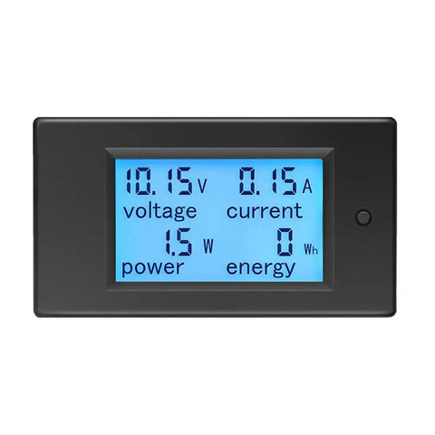 4 In 1 DC Ammeter Voltmeter Watt Meter Panel Digital Display For Car Motorcycle And Solar Systems 12V DC 6.5 To 100V 0 To 20A Energy Power Usage Monitor With LCD Readout showing voltage, current, power, and energy readings.