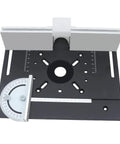 Dead Nuts Precision Manual Router Lift System And Heavy Duty Aluminum Table Insert Plate For Universal Hand Router Motors With 1.85 Inch Stroke Solid Shop Gear Black Set, top view with adjustable guide.