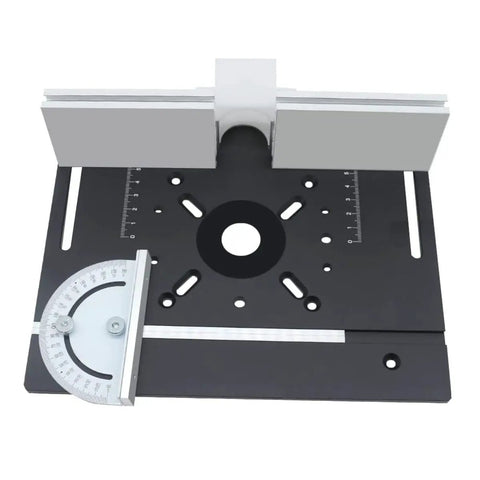 Dead Nuts Precision Manual Router Lift System And Heavy Duty Aluminum Table Insert Plate For Universal Hand Router Motors With 1.85 Inch Stroke Solid Shop Gear Black Set, top view with adjustable guide.