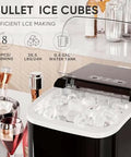 DUMOS countertop ice maker with handle, front view, black compact kitchen appliance with clear lid and ice cubes
