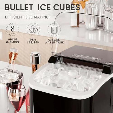 DUMOS countertop ice maker with handle, front view, black compact kitchen appliance with clear lid and ice cubes