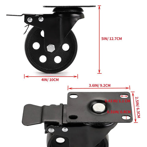 Heavy Duty 4 Inch Cast Iron Swivel Plate Caster with Dual Locking Brakes for Tables and Carts, 2000 Lb Total Capacity