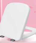 Top Shelf Square Soft Close Toilet Seat With Silent Glide Lid And Adjustable Swivel Hinges Tool Free Setup Secure Mount Durable White High Gloss Finish, showcasing side view with silver hinges.