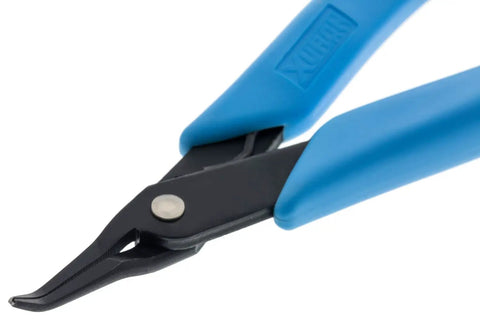 Close-up of Bent Nose Pliers 450BN for Jewelry Making with blue ergonomic precision grip, angled tip for reaching tight spots.