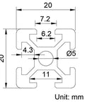 Top Tier 2 Pack Of 20x20 T Slot Aluminum Extrusion Profile With 6mm CNC European Rail Design dimensions diagram in mm.