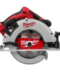 Heavy Duty Brushless Cordless Circular Saw With Seven Quarter Inch Blade And Electric Brake, side view of saw with blade and handle.