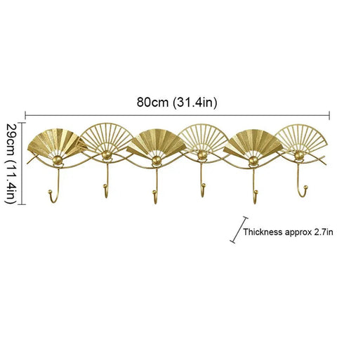 Heavy Duty Artisan Quality Golden Fan Shaped Wall Mount Coat Hook with 5 hooks, stylish iron design for entryway or office.