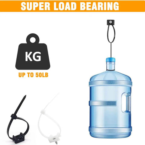 120 Pack White Cable Zip Tie Mounts Kit With 120 Nylon Zip Ties holding water jug, showcasing load-bearing capacity up to 50lb