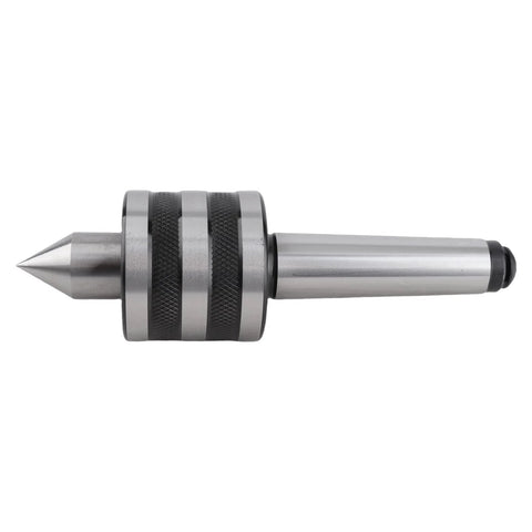 CHICIRIS MT3 revolving live center for metal lathe, side view; knurled collar, steel body, pointed tip