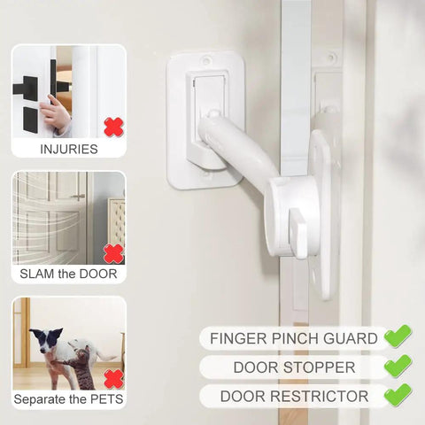 Rock Solid Adjustable Door Finger Pinch Guard showing a white acrylic latch on a door frame, preventing injuries and door slams.