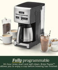 Personal Brew 10 Cup Thermal Coffee Maker Fully Automatic Programmable With No Fuss Hot Or Over Ice Options Brew Strength Control And 52 Ounce Removable Water Reservoir DCC 10 with thermal carafe and cups displayed.