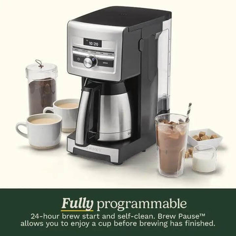 Personal Brew 10 Cup Thermal Coffee Maker Fully Automatic Programmable With No Fuss Hot Or Over Ice Options Brew Strength Control And 52 Ounce Removable Water Reservoir DCC 10 with thermal carafe and cups displayed.