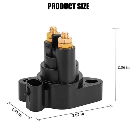 Built Like A Tank 12 Volt Car Start Solenoid Relay Durable Two Terminal Starter Switch, showing dimensions and design.