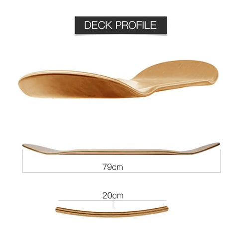 Maple Skateboard Deck With Double Tail Design Ultra Lightweight Yet Sturdy Build Includes Free Grip Tape One Deck For Street And Park Sessions Russia Maple Craft For Smooth Pop And Durable Ride, showing side profiles and dimensions.