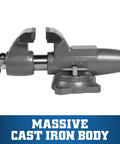Beefy Machinist Bench Vise For Serious Projects Five Inch Jaw Width Eight Inch Opening Four And A Quarter Inch Throat Heavy Cast Iron Body Locking Swivel Base With Double Lockdowns Sealed For Lifelong Smooth Operation Model 500S showing side view with cast iron structure.