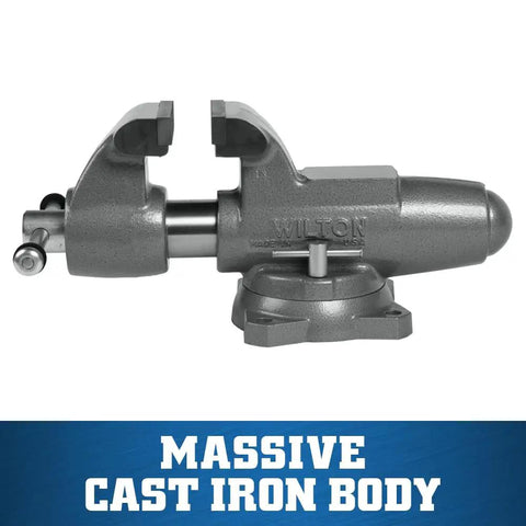 Beefy Machinist Bench Vise For Serious Projects Five Inch Jaw Width Eight Inch Opening Four And A Quarter Inch Throat Heavy Cast Iron Body Locking Swivel Base With Double Lockdowns Sealed For Lifelong Smooth Operation Model 500S showing side view with cast iron structure.
