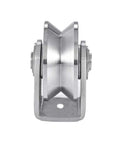 Two Inch Stainless Steel V Groove Gate Roller Wheel With Dual Ball Bearings For Effortless Sliding And Swing Gate Track Movement Heavy Duty Construction Built Tough To Roll Smooth Daily, side view.