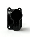 Front view of black plastic motor actuator mounting bracket with circular housing and mounting holes