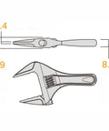 Diagram of Pocket Size Adjustable Wrench with dimensions for 7.28 inch short handle and 53mm jaw opening.