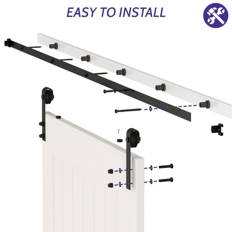 Installation diagram of 6Ft Barn Door Hardware Kit Lite Version Black - Smooth Quiet Sliding Track Rail System, Easy Install shown