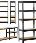 5-Tier Boltless Storage Shelf Built Different With Rock Solid Iron Frame for Garage and Workshop Heavy Duty Adjustable Racks Scratch Resistant Powder Coat Finish Black in various views.