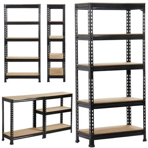5-Tier Boltless Storage Shelf Built Different With Rock Solid Iron Frame for Garage and Workshop Heavy Duty Adjustable Racks Scratch Resistant Powder Coat Finish Black in various views.
