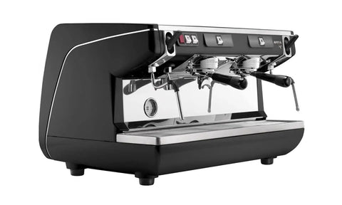 Appia 2 Group Semi Automatic Espresso Machine With Cool Touch Wands, Push Pull Steam, Manual Dosing Only, Soft Infusion System, Bar Pump Gauge, Black Finish in sleek side view
