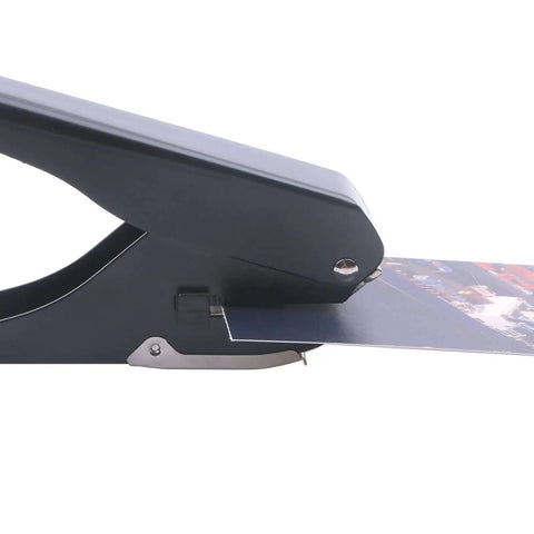Heavy Duty Handheld Slot Punch For PVC ID Cards And Badges, Adjustable Card Depth, rust resistant metal punch showing side view operation